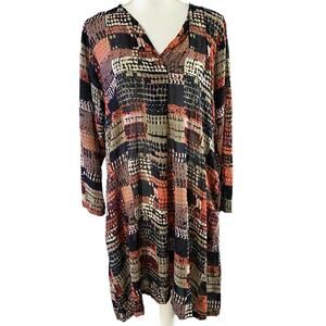 Masai Size M Abstract Print Shift Dress Semi Sheer Pockets Long Sleeves Viscose